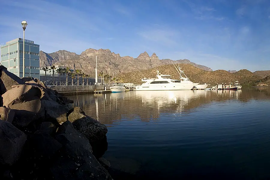 Yachts at Puerto Escondido Marina with the Sierra de la Giganta behind